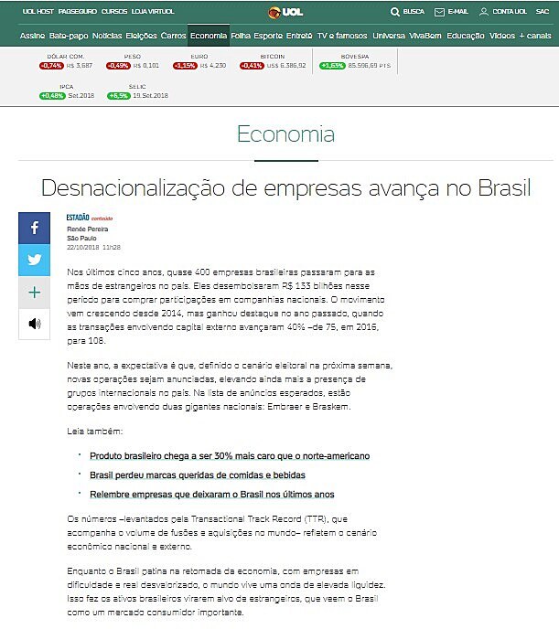 Desnacionalizao de empresas avana no Brasil